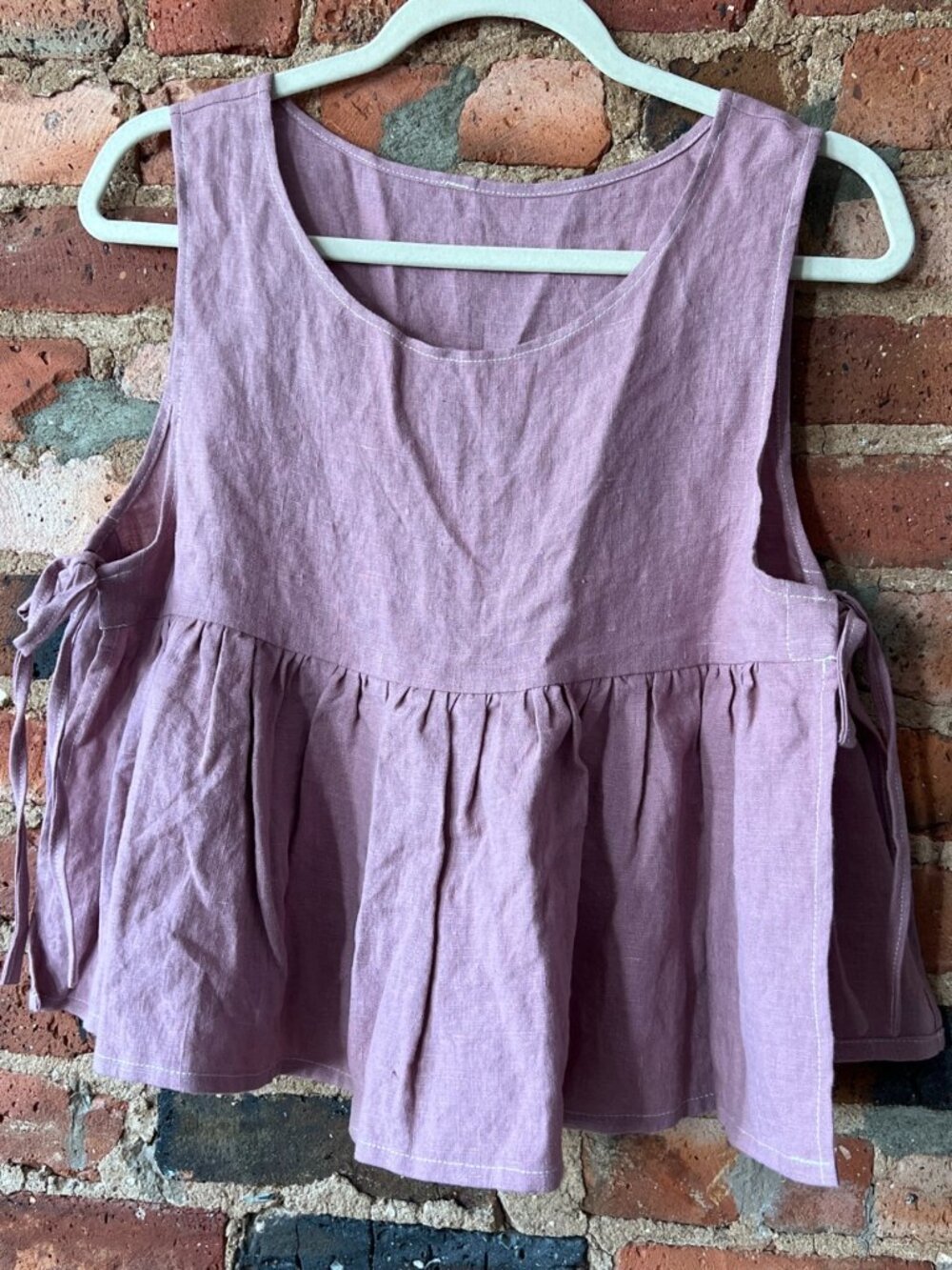 Handmade purple linen tank top with side tie detail
